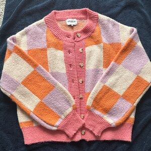 FRNCH Pink and Orange Checkered Cardigan